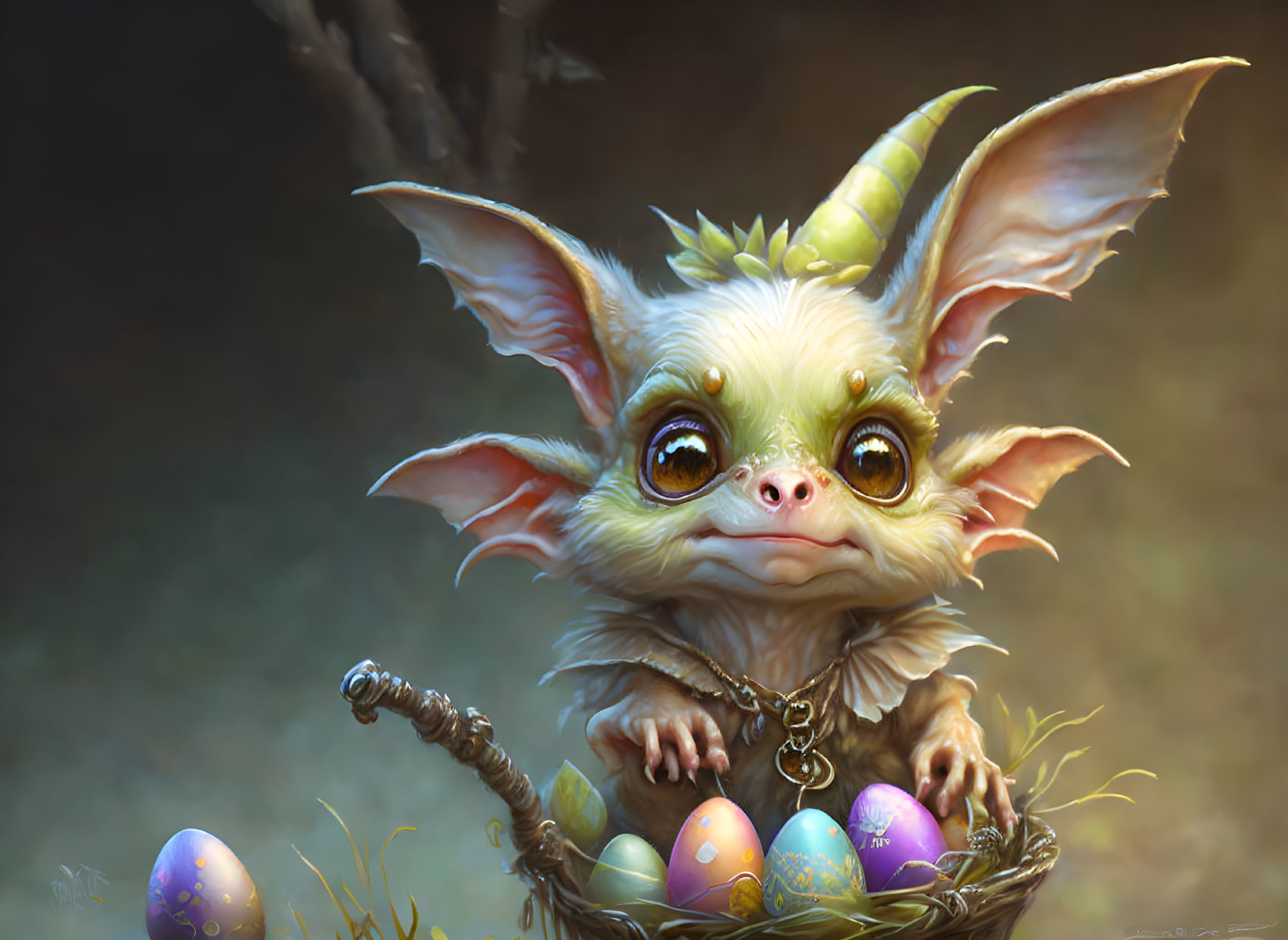 Whimsical creature with large ears and eyes in basket with colorful eggs