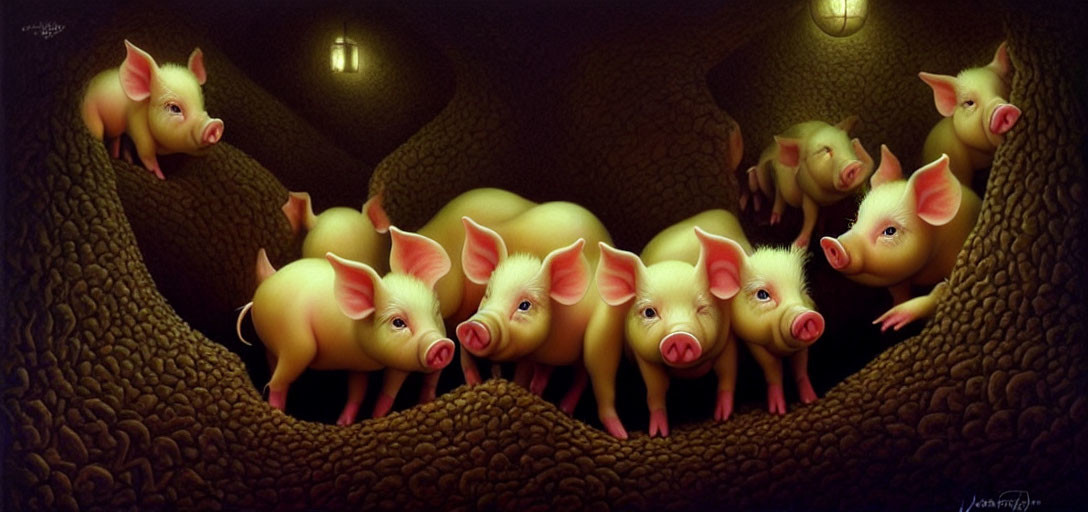 Surreal painting featuring oversized-headed pigs in lantern-lit underground scene