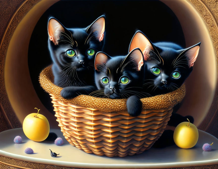 Four black kittens with green eyes in wicker basket with fruits, flowers, and bug