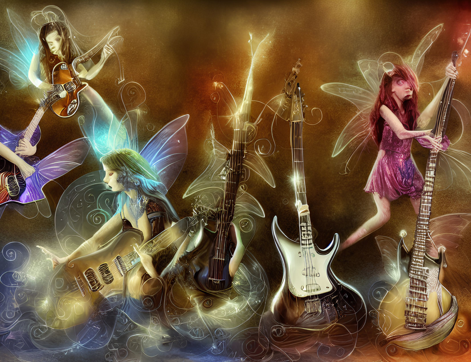 Fantasy fairies playing stringed instruments in vibrant setting