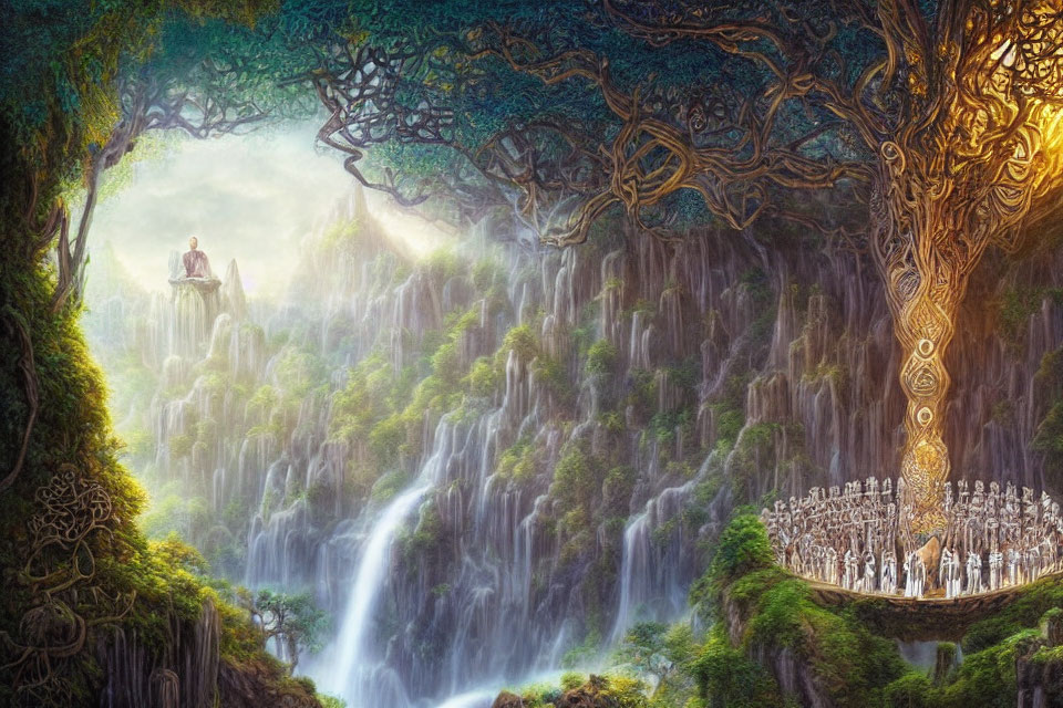 Mystical landscape with meditating figure, vibrant tree, waterfalls, river, and glowing tree