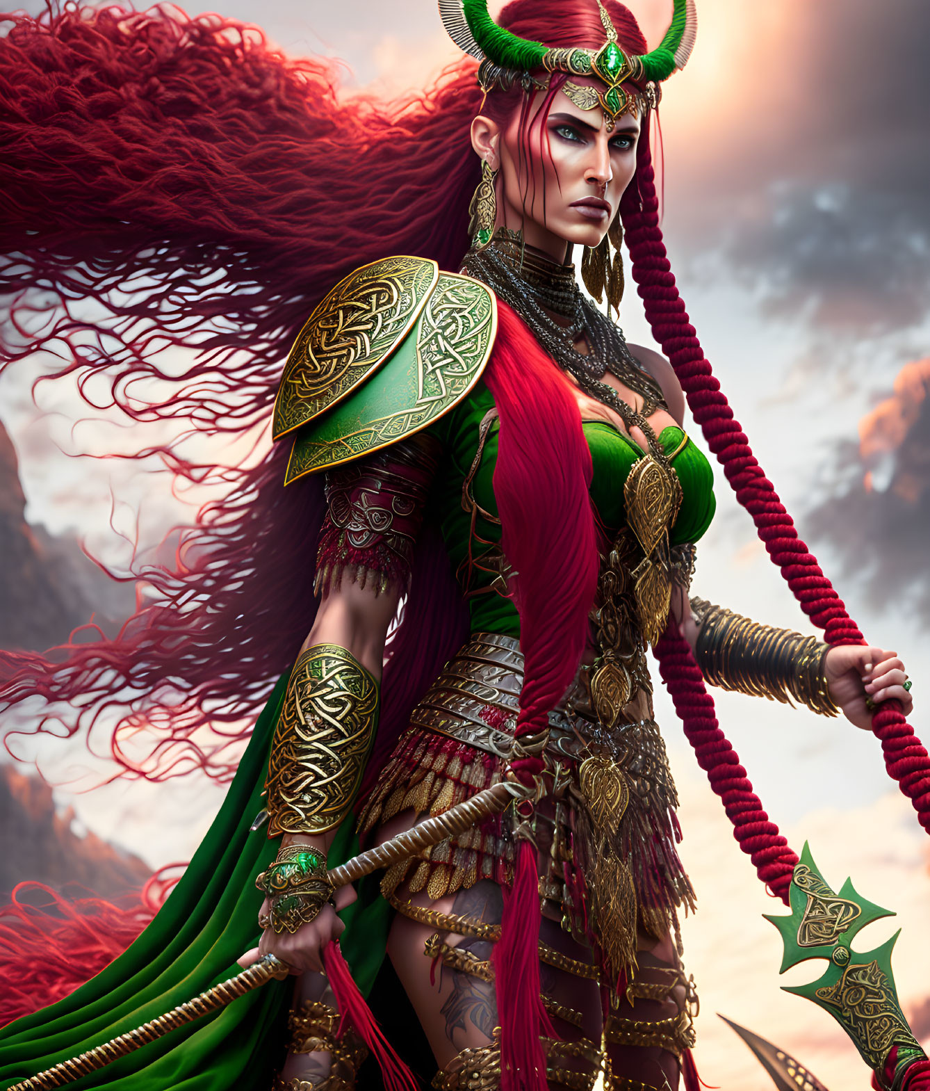 Red-haired fantasy warrior in green and gold armor with spiked flail on rocky terrain at dusk