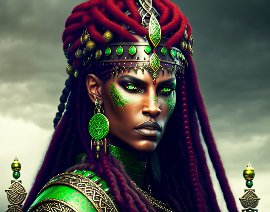 Imposing woman with green eyes in tribal makeup and ornate headdress