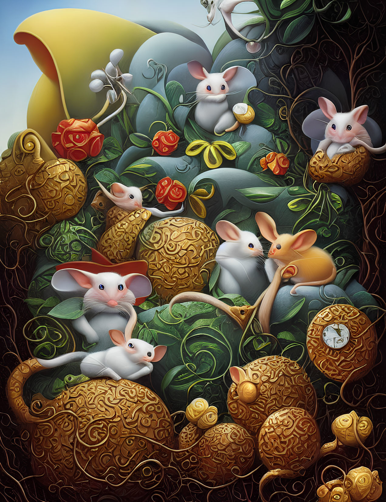 Fantasy-themed illustration with stylized mice, coins, roses, and a pocket watch