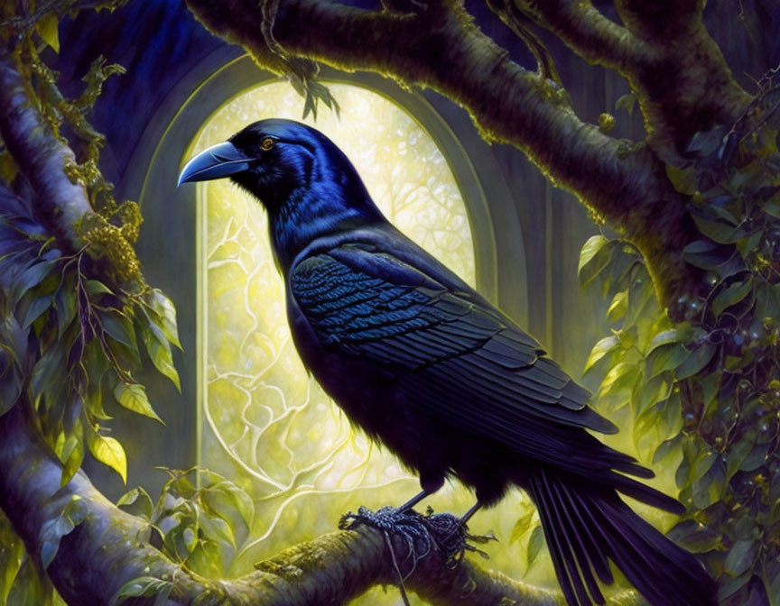 Black raven on branch in enchanted forest with vibrant green foliage