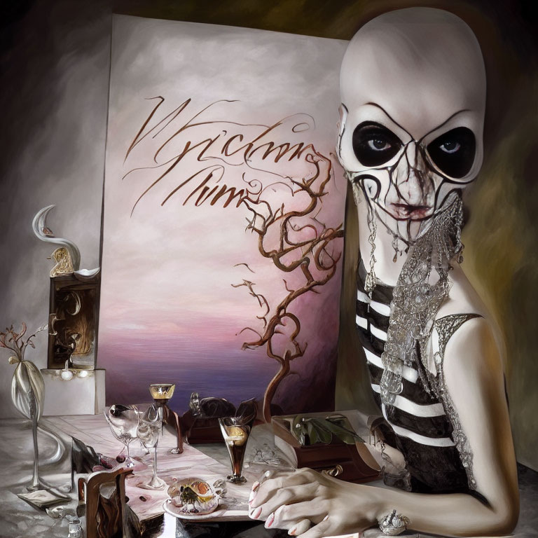 Surreal artwork: alien figure at decadent table setting