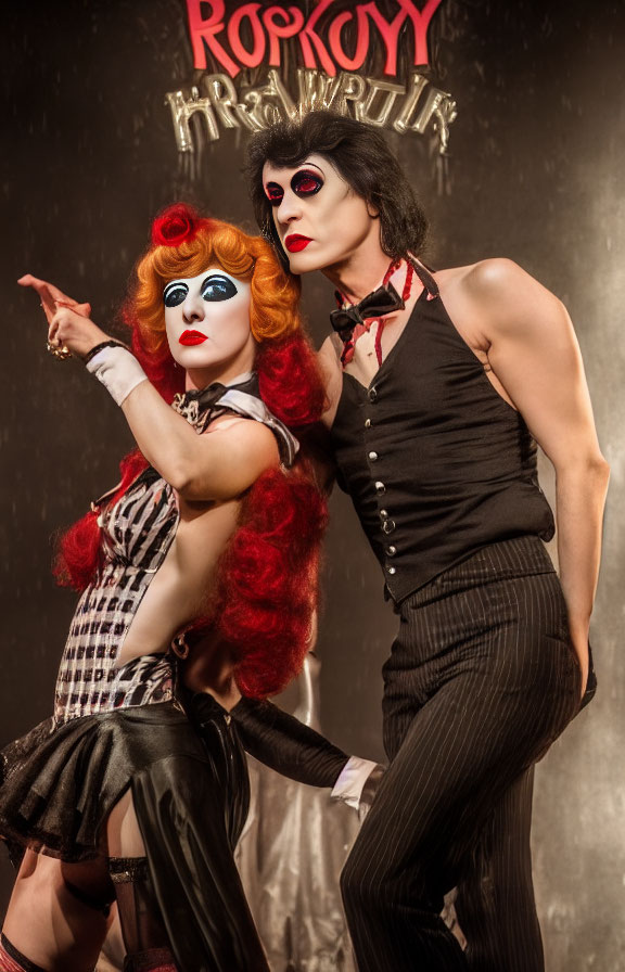 Theatrical performers in extravagant makeup and costumes pose in front of themed backdrop