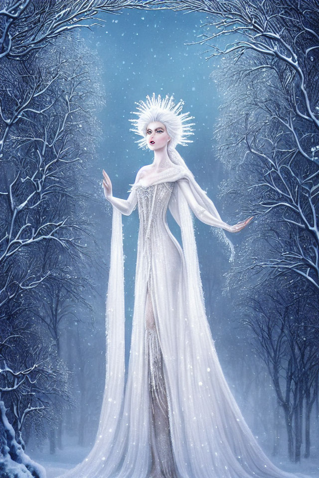 Ethereal winter queen with ice crown in snowy forest landscape