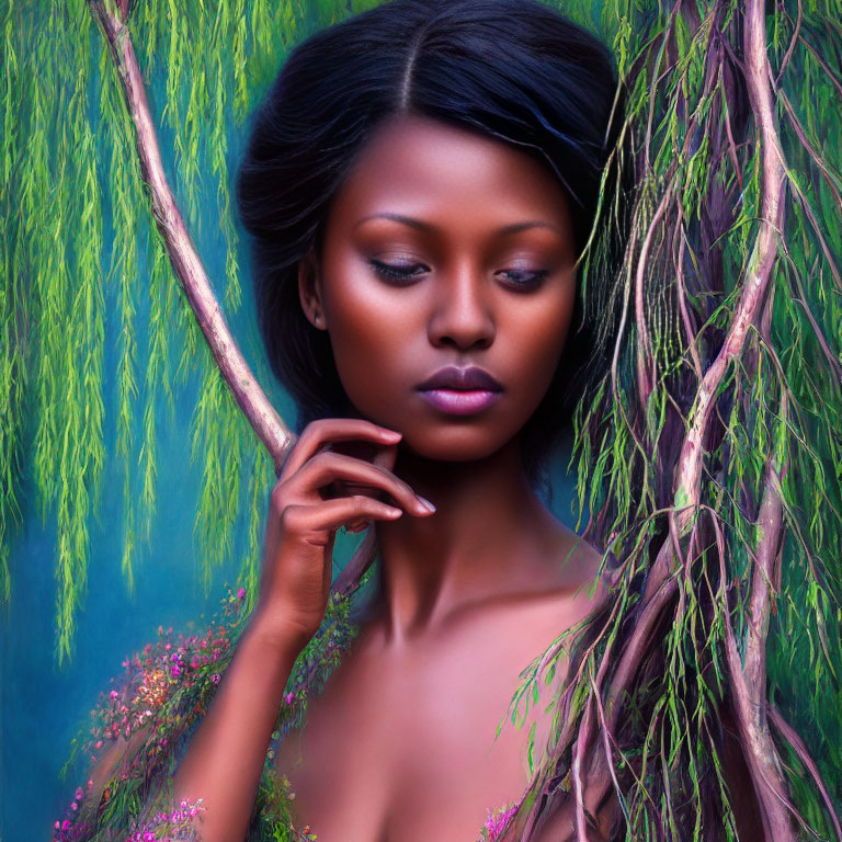 Dark-skinned woman among green willow branches with hand on chin