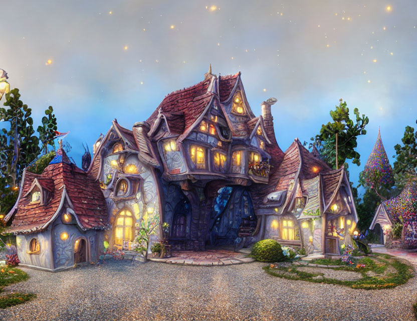 Digital artwork: Cozy fairytale cottage with multiple roofs in magical evening ambiance