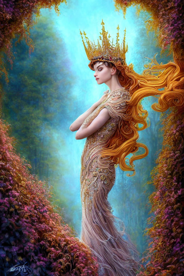 Majestic queen with golden hair and crown in fantastical forest