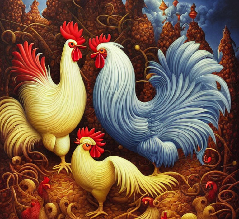 Colorful painting of three stylized roosters with intricate feathers on golden beehive backdrop