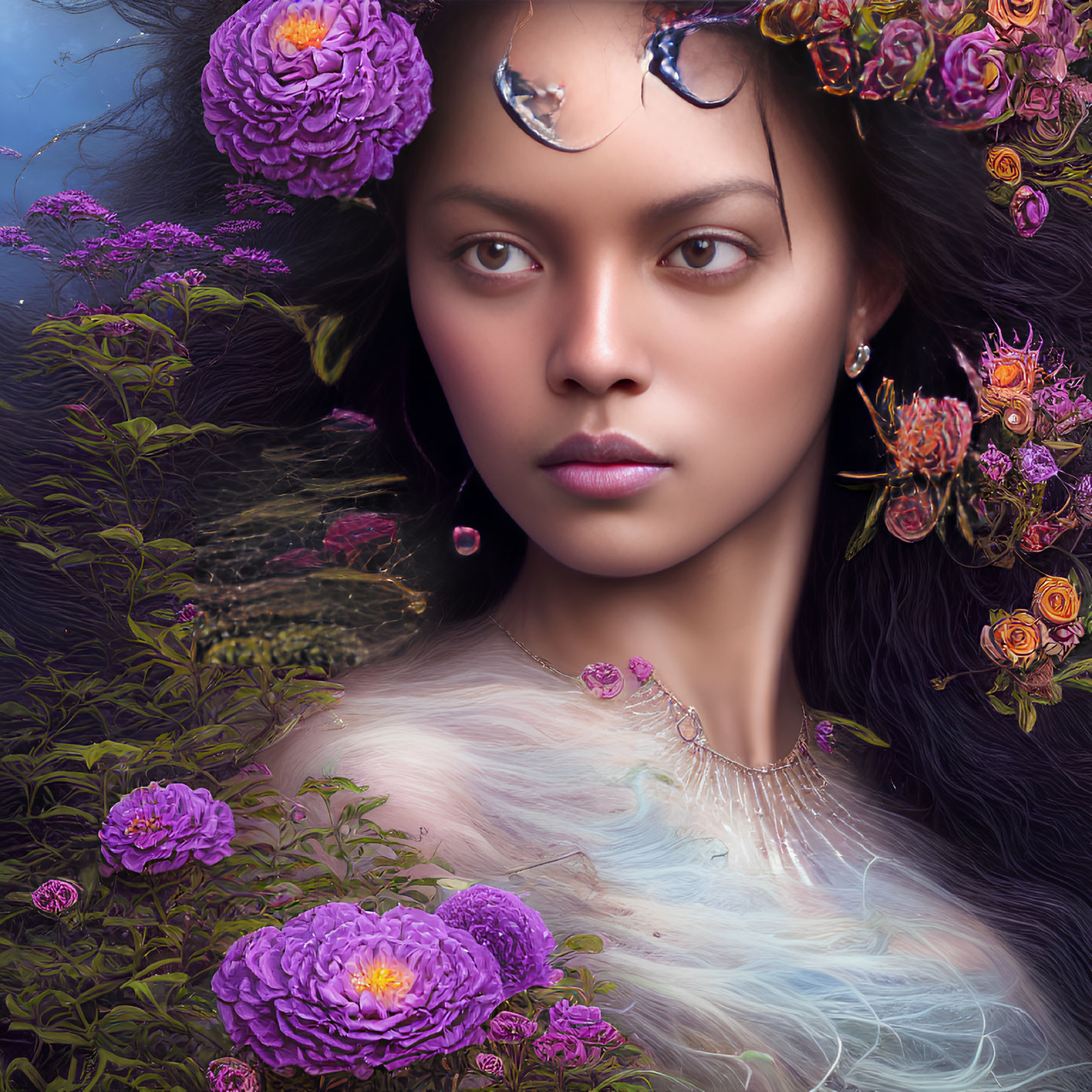 Portrait of Woman with Crescent Moon and Vibrant Flowers