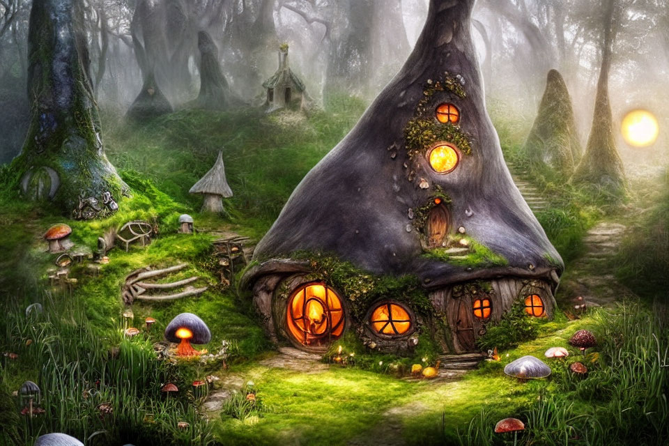 Fantasy illustration of mushroom-shaped house in mystical forest