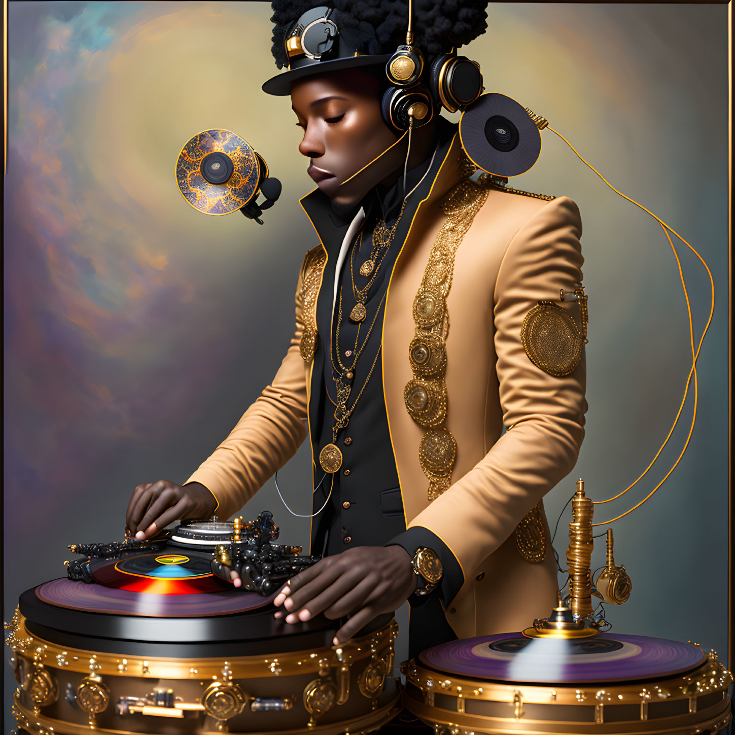 Stylized image of person in gold attire DJing on vintage equipment