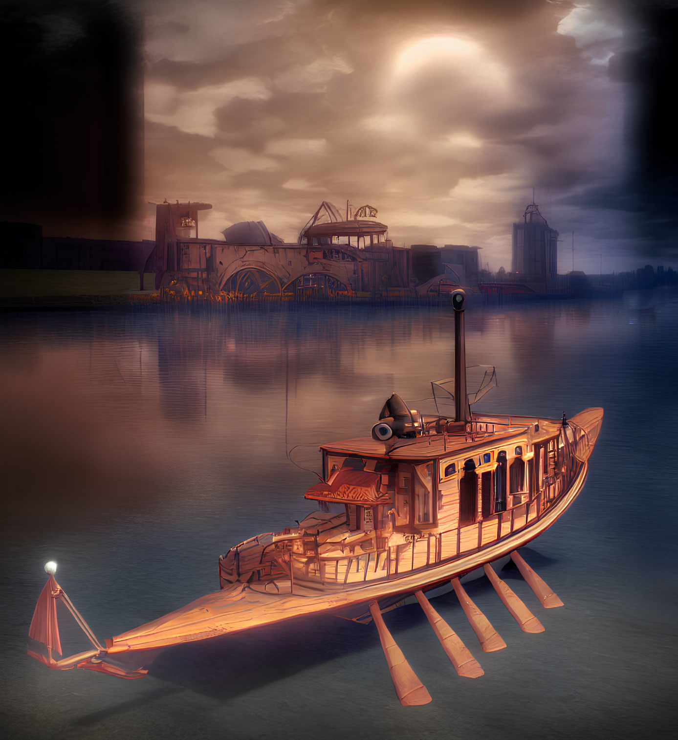 Illustration of paddleboat on tranquil river at surreal sunset