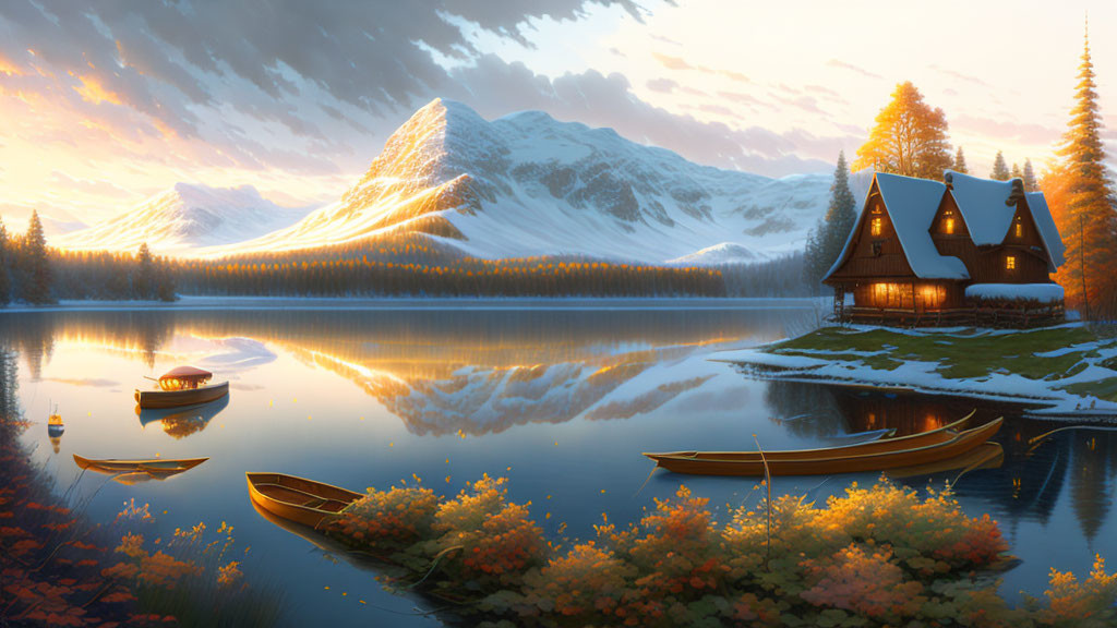 Tranquil lakeside dusk scene with cabin, canoes, vibrant flora, and snowy peaks