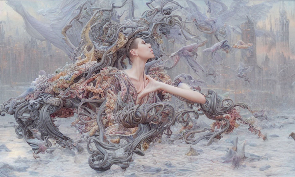 Elaborate surreal portrait of woman in ornate swirls against desolate landscape