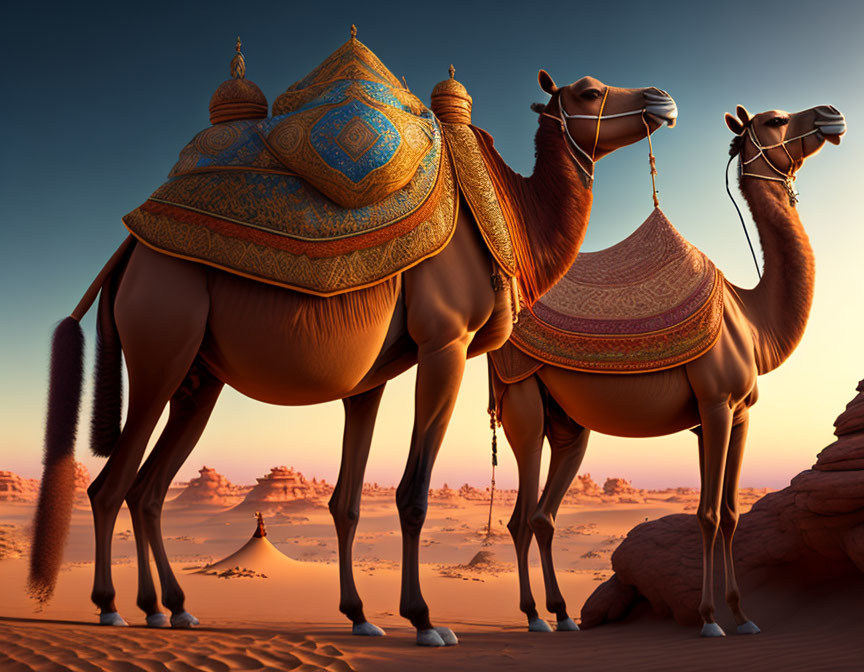 Ornately decorated camels in desert sunset scenery