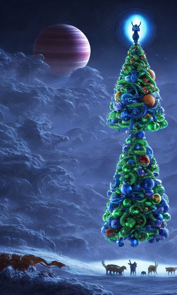 Vibrant Christmas tree with colorful ornaments under alien sky