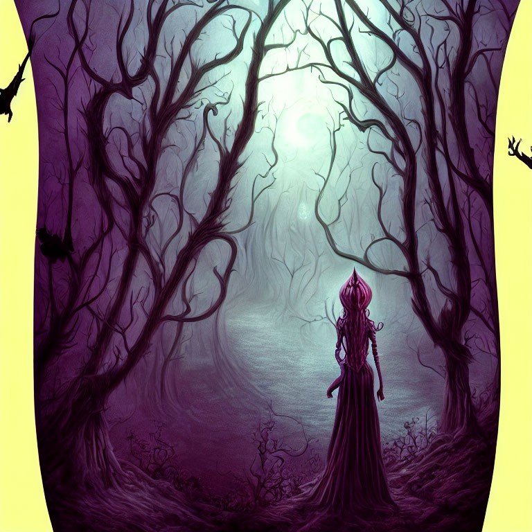 Mysterious cloaked figure in purple forest with glowing light