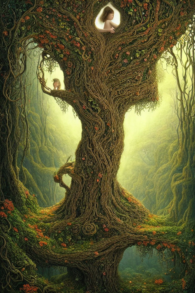 Detailed painting of mystical tree with twisted roots and branches, red flowers, and humanoid faces in luminous