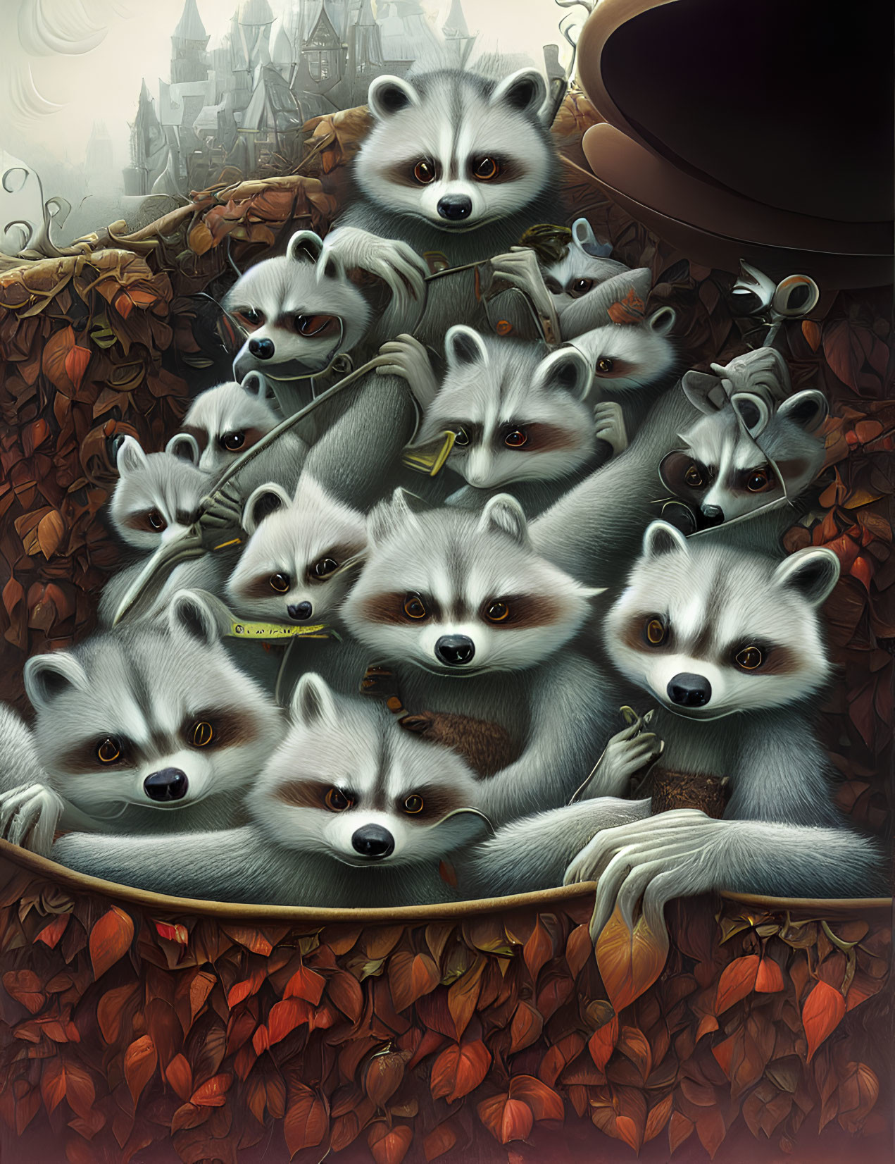 Illustration of raccoons in leaves with human-like eyes and misty castle.