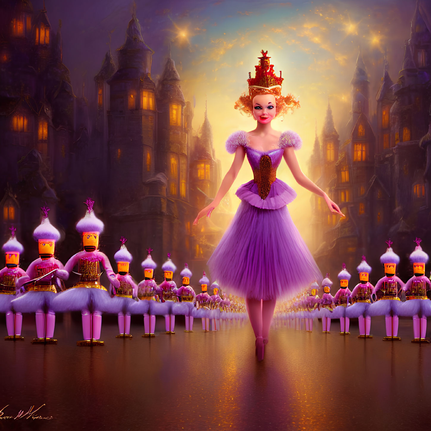 Purple Tutu Ballerina Performs with Toy Soldiers in Castle Setting