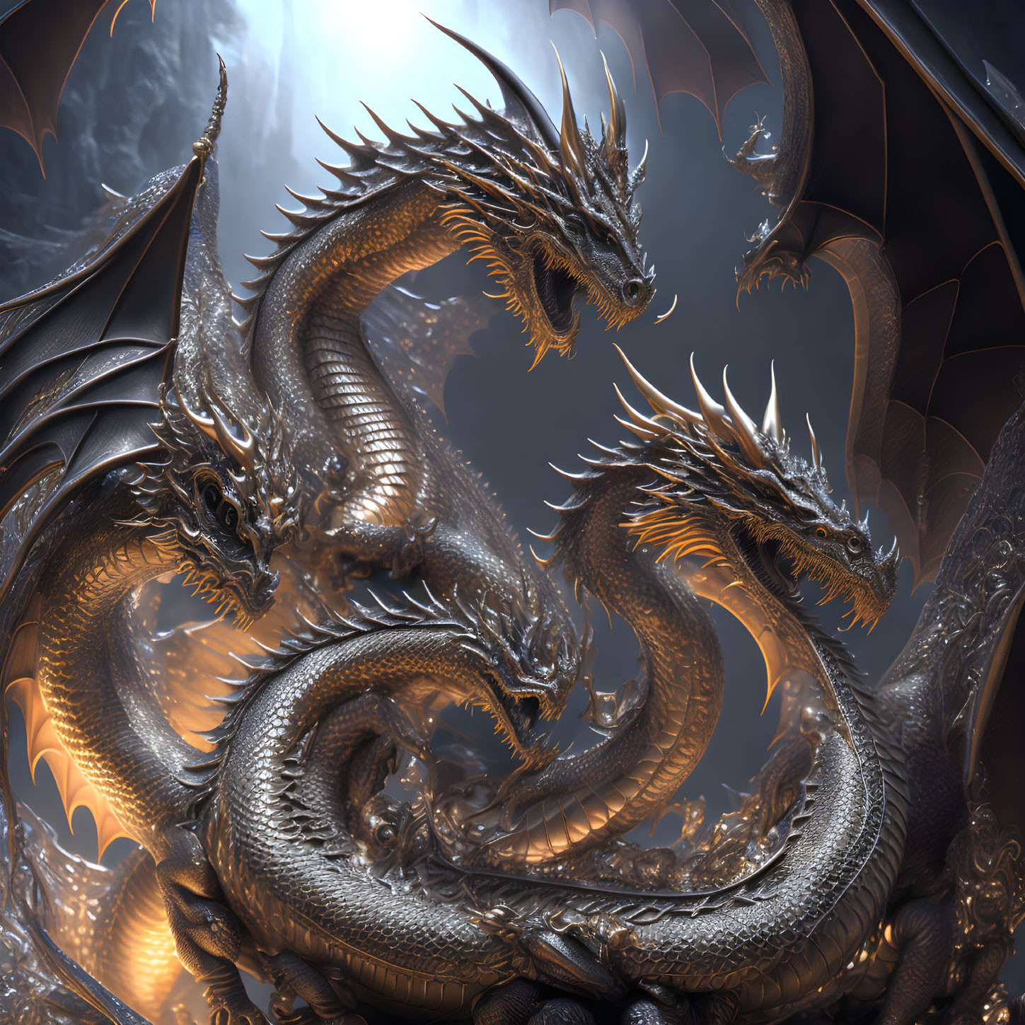 Detailed Metallic Dragon with Multiple Heads and Sharp Scales on Dark Background