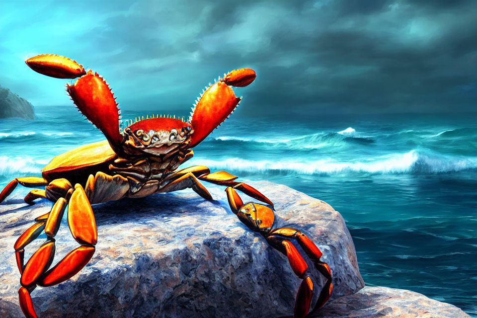 Colorful Crab on Rock with Stormy Ocean Background