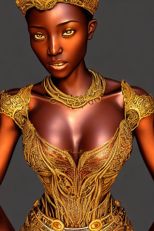 Digital art portrait of woman in golden armor with luminous skin