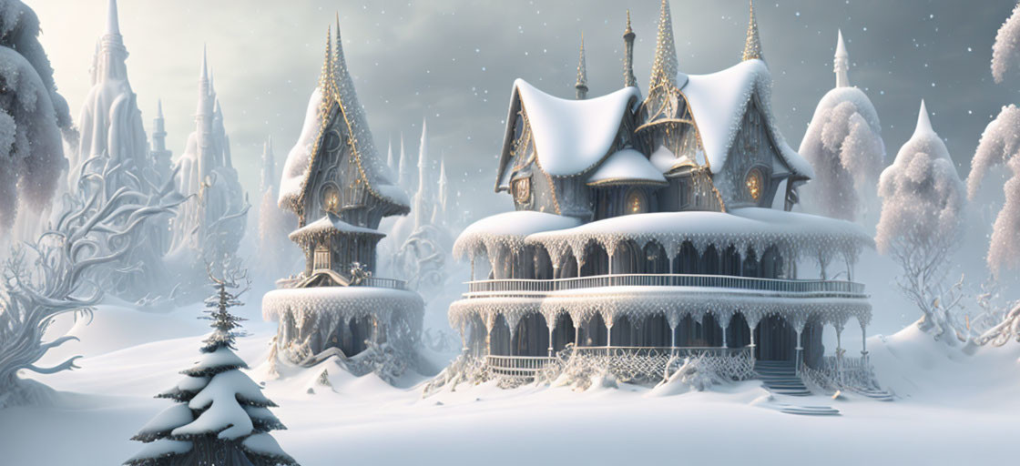 Fantasy castle in snow-covered winter landscape