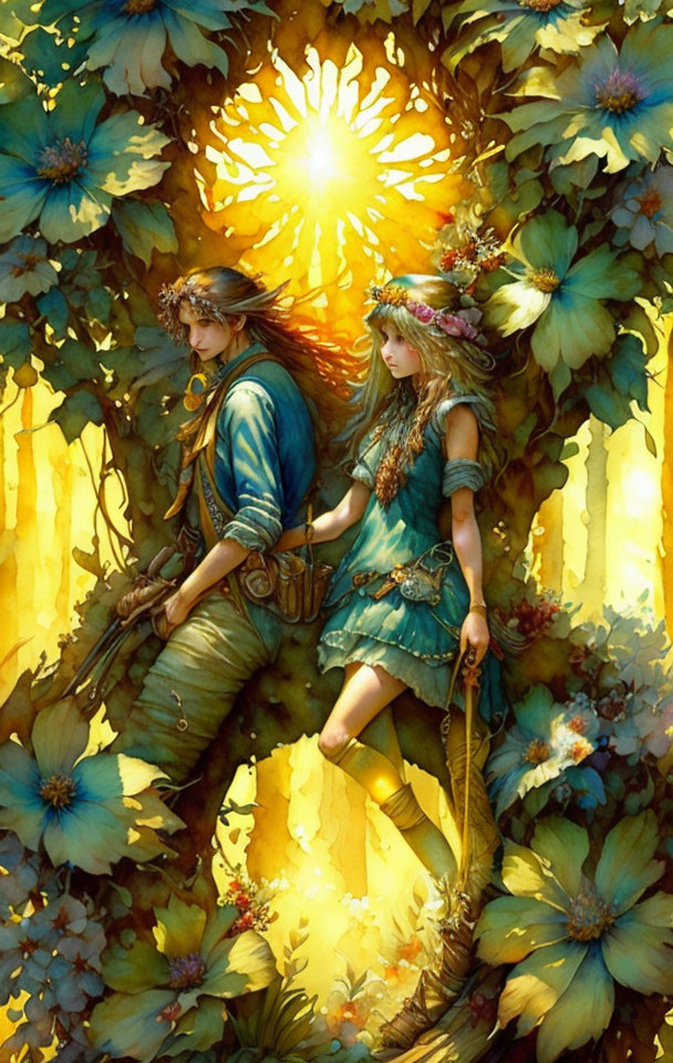 Male and female fantasy characters with elfin features in a magical forest setting