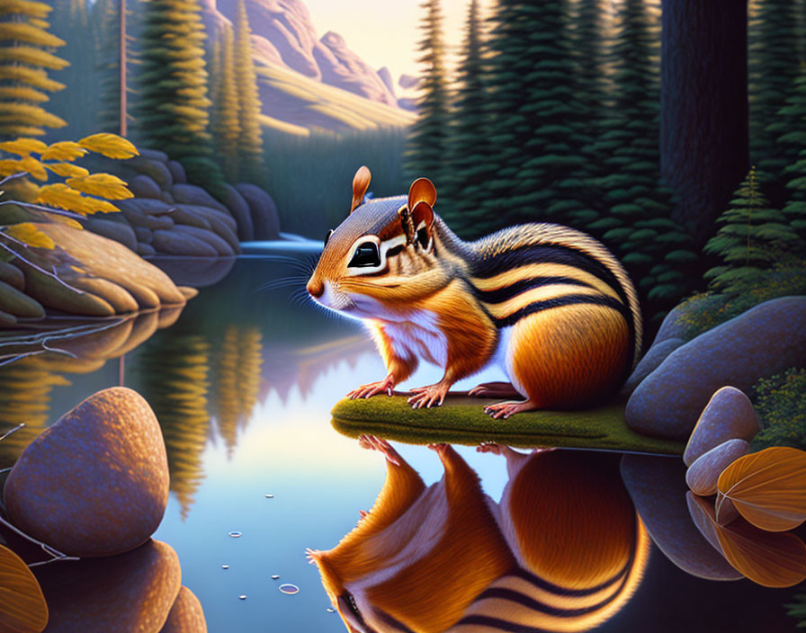 Detailed chipmunk illustration by a calm lakeside