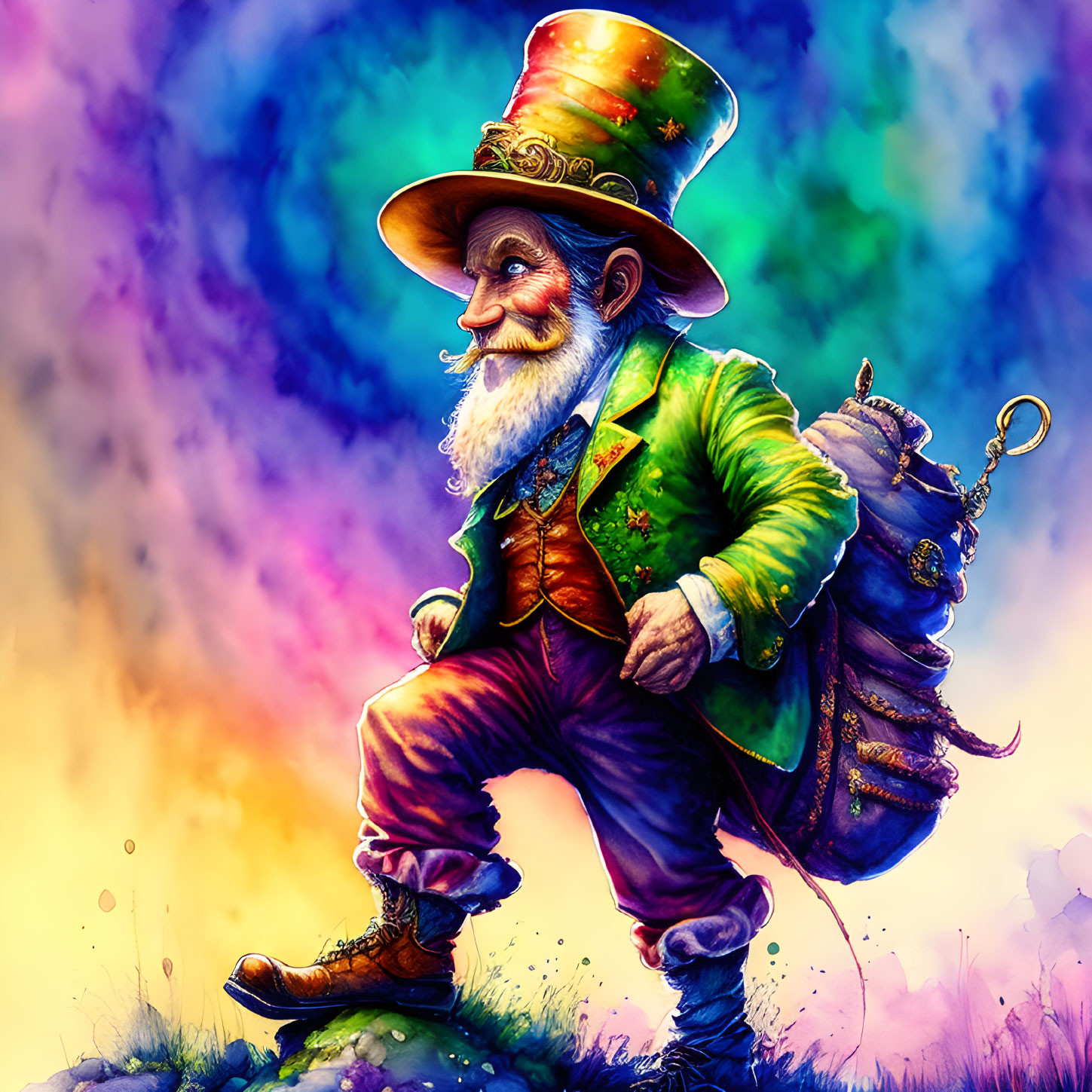 Colorful Elderly Leprechaun Illustration in Green Suit & Top Hat