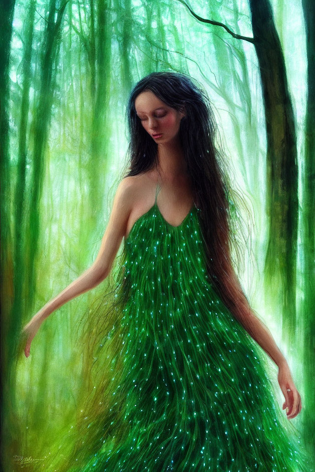 Woman in Sparkling Green Dress Standing in Misty Forest