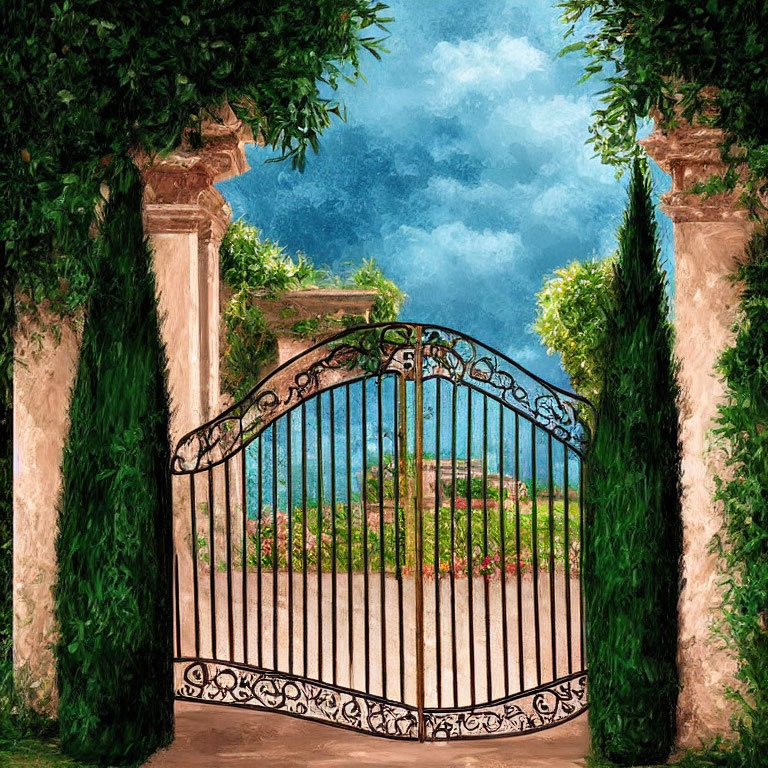 Verdant garden path framed by classical columns and wrought-iron gate