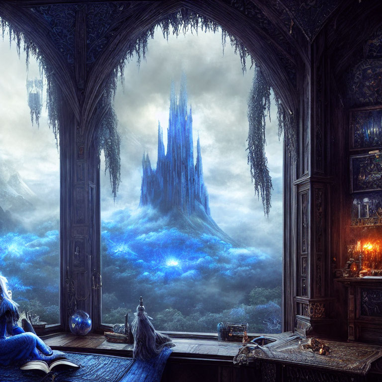 Mystical room with gothic architecture and magical landscape featuring crystal spire and blue clouds