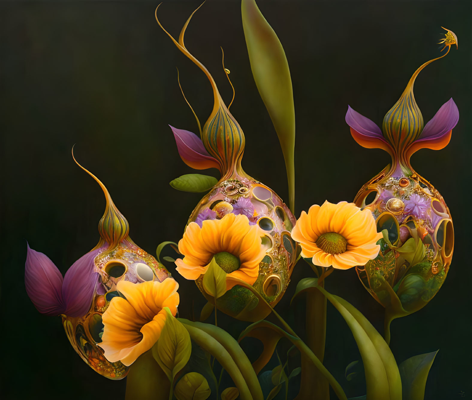 Surreal digital art: Ornate bulbous structures with flowers and tendrils on dark background