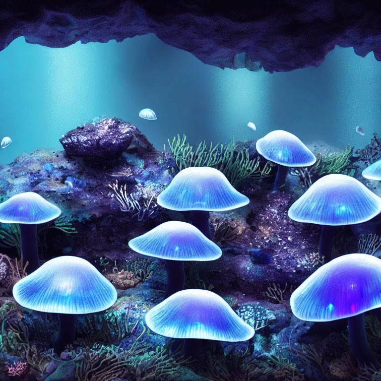 Underwater Scene: Glowing Jellyfish and Fish in Dark Blue Cave