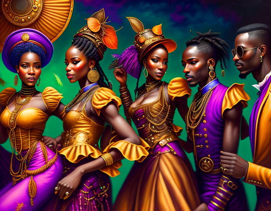 Five individuals in regal attire with gold accents and purple hues symbolize elegance and unity.