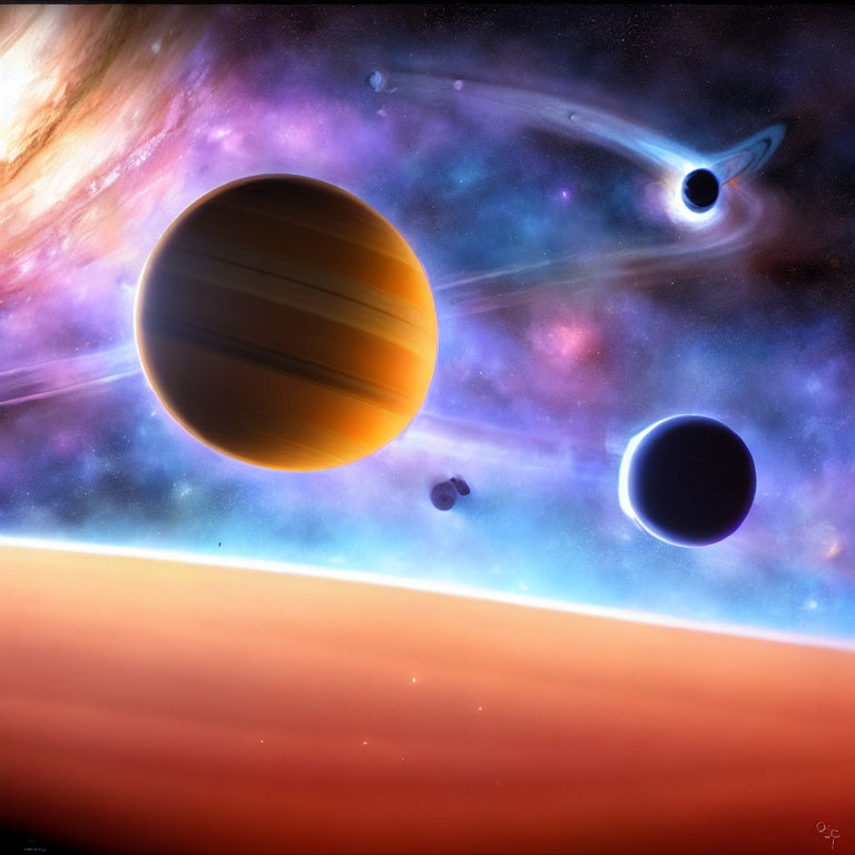 Colorful cosmic scene with large orange planet, dark planet, floating rocks, comet, and starry