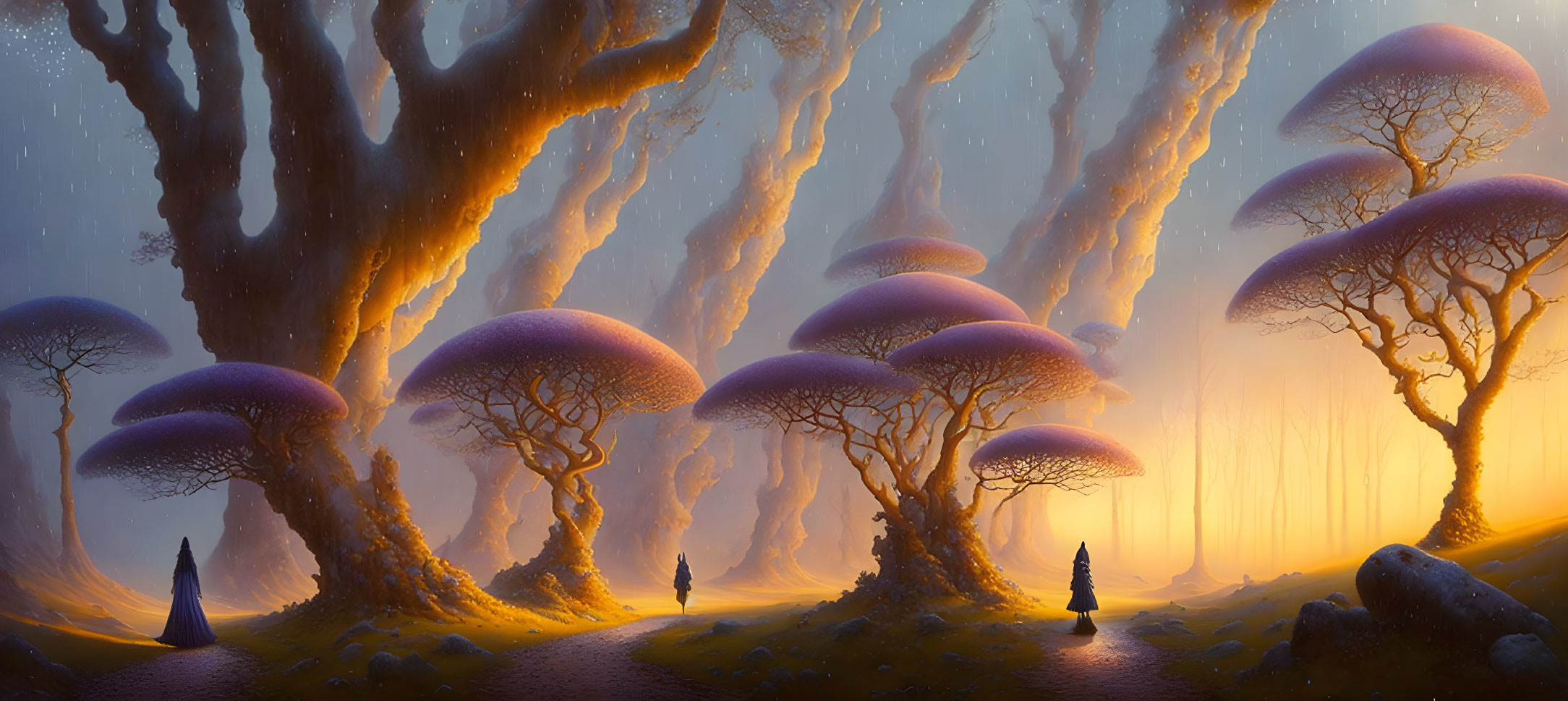 Enchanted forest with giant mushroom trees under orange sky