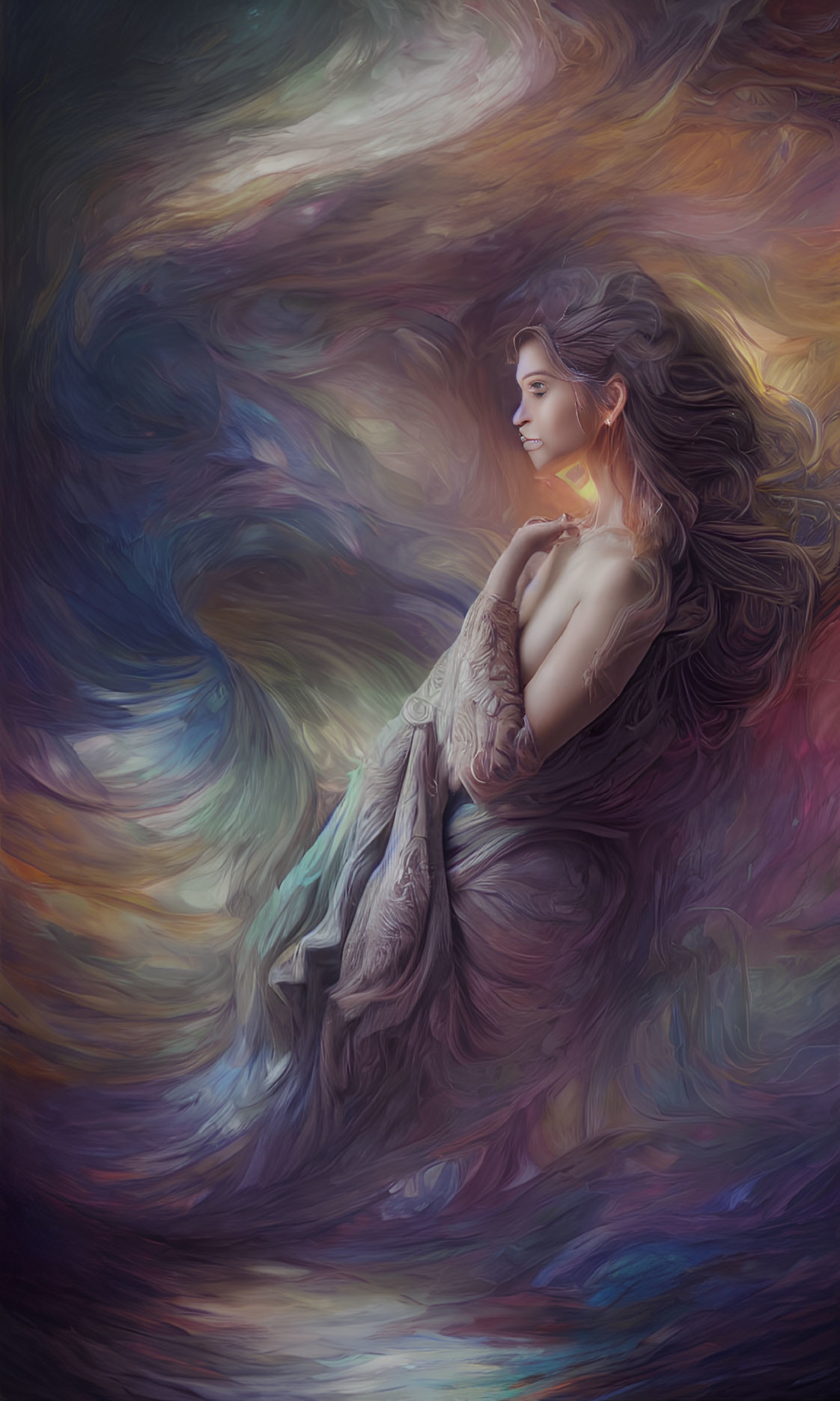 Vividly colored surreal portrait of a woman in dynamic brushstrokes