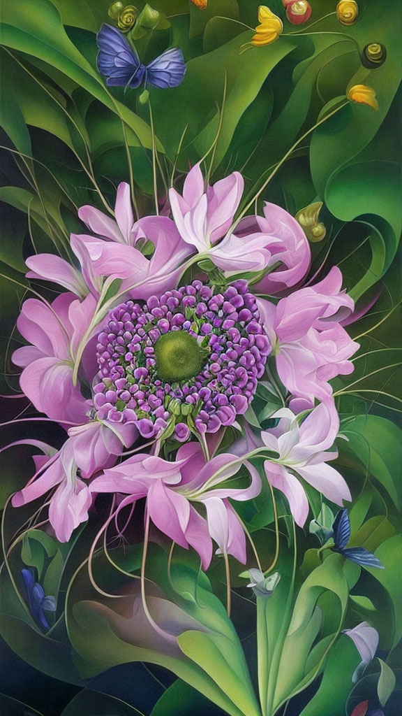 Colorful painting of purple flower, butterflies, and snail in green foliage