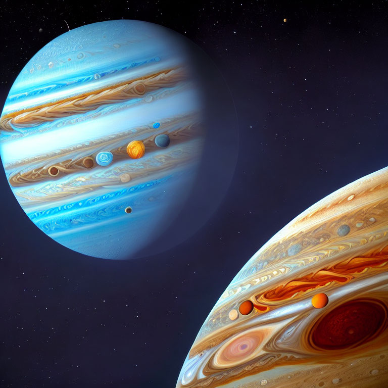 Colorful depiction of Jupiter and moon Io with swirling clouds and Great Red Spot