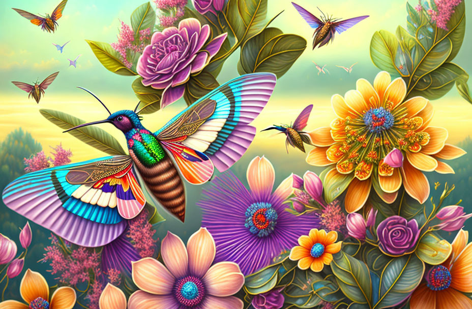 Colorful hummingbird with iridescent feathers among flowers and butterflies under glowing sky