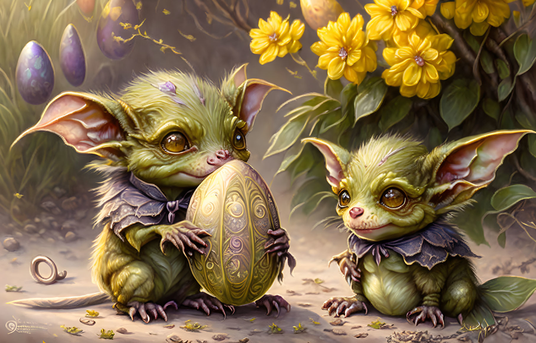 Whimsical green creatures with large ears and yellow eyes holding an intricately designed egg among yellow flowers