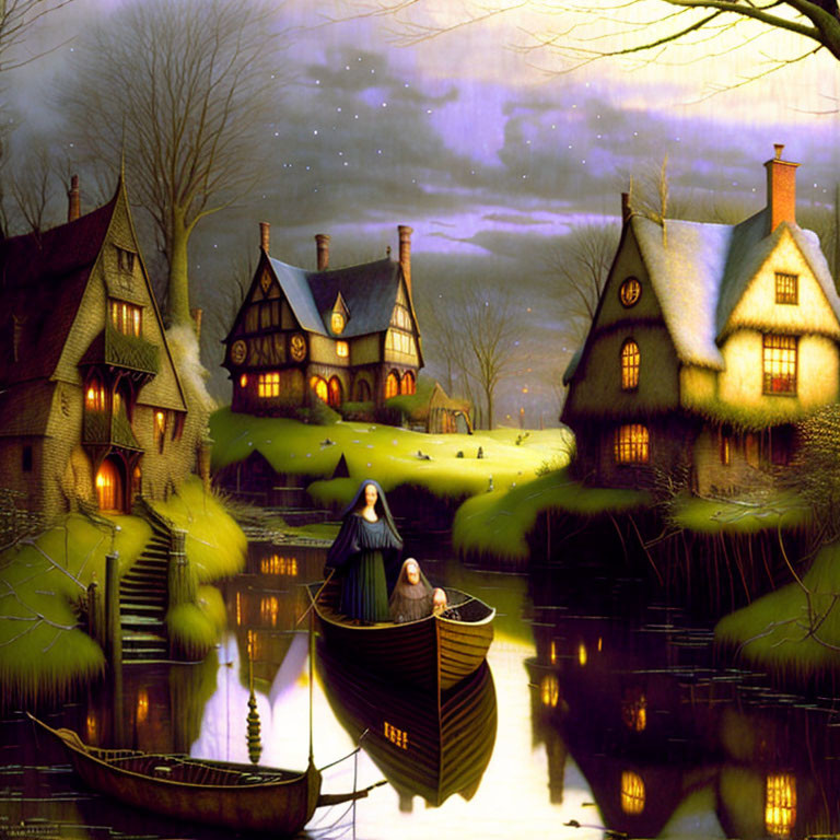 Tranquil Fantasy Village at Dusk with Thatched Cottages and Serene River