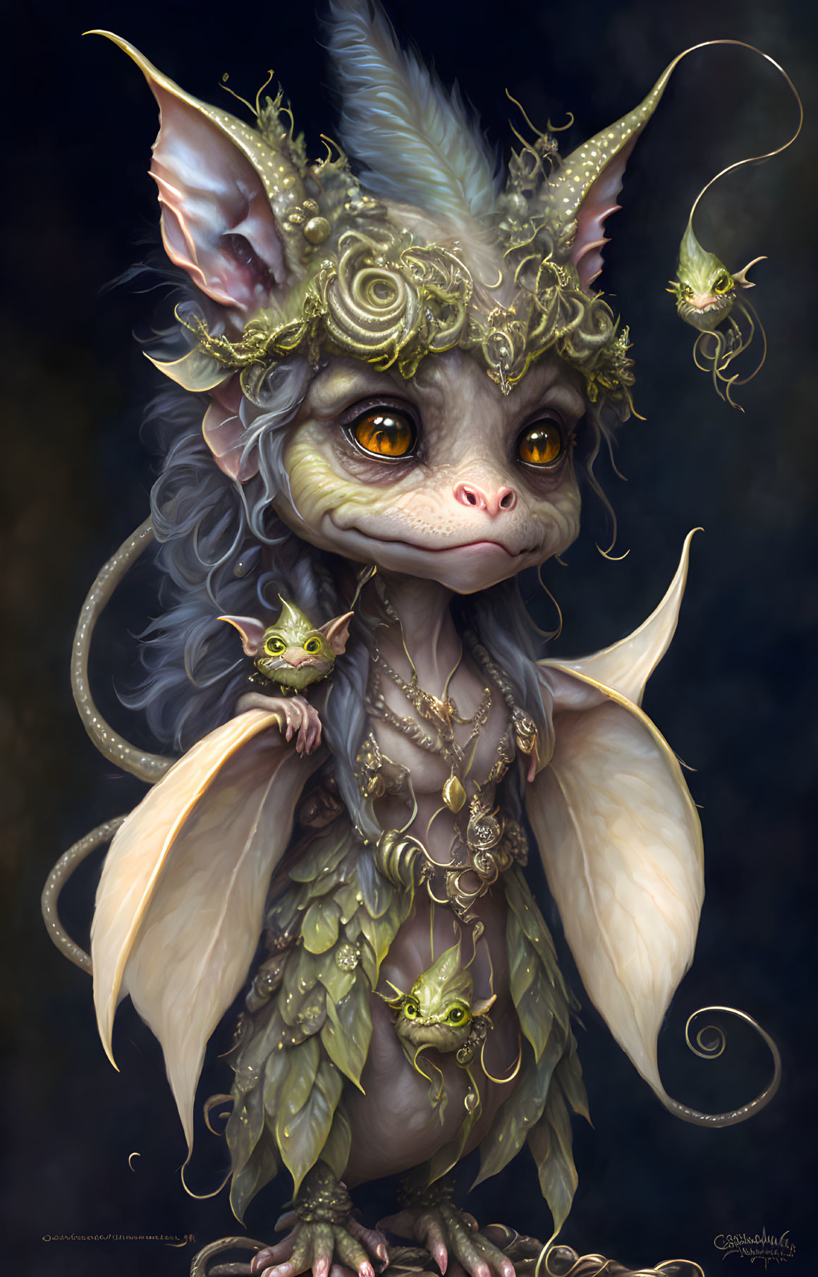 Fantastical creature with large ears and eyes and golden jewelry surrounded by tiny beings